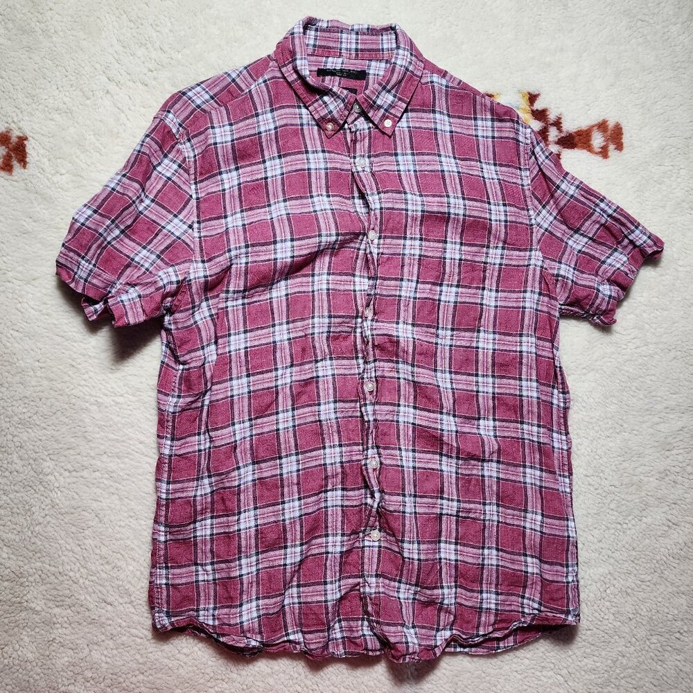 Banana Republic Camden Fit 100% Linen Shirt Medium Button Up Plaid Lightweight